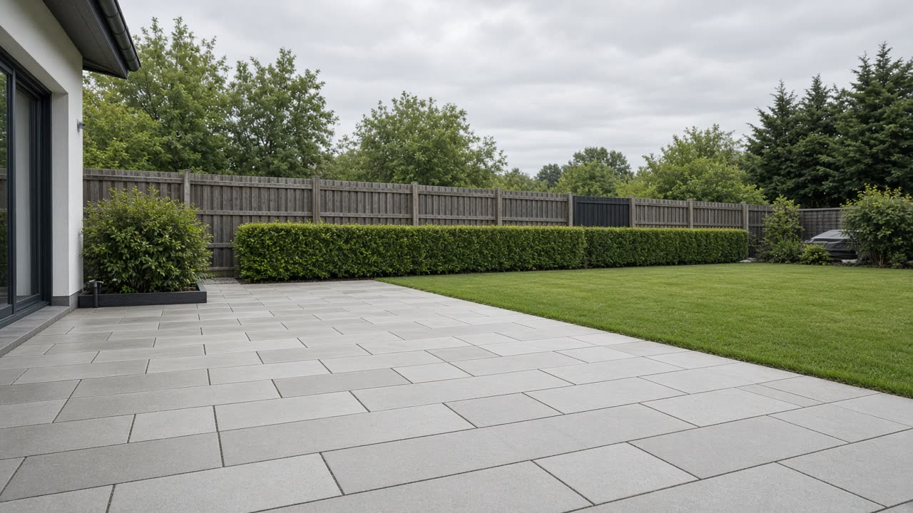 Frisch verlegte Pflasterterrasse und Rasenkante, Ausführung Moorwerk